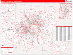 Dallas Fort Worth Wall Map Zip Code Red Line Style 2024